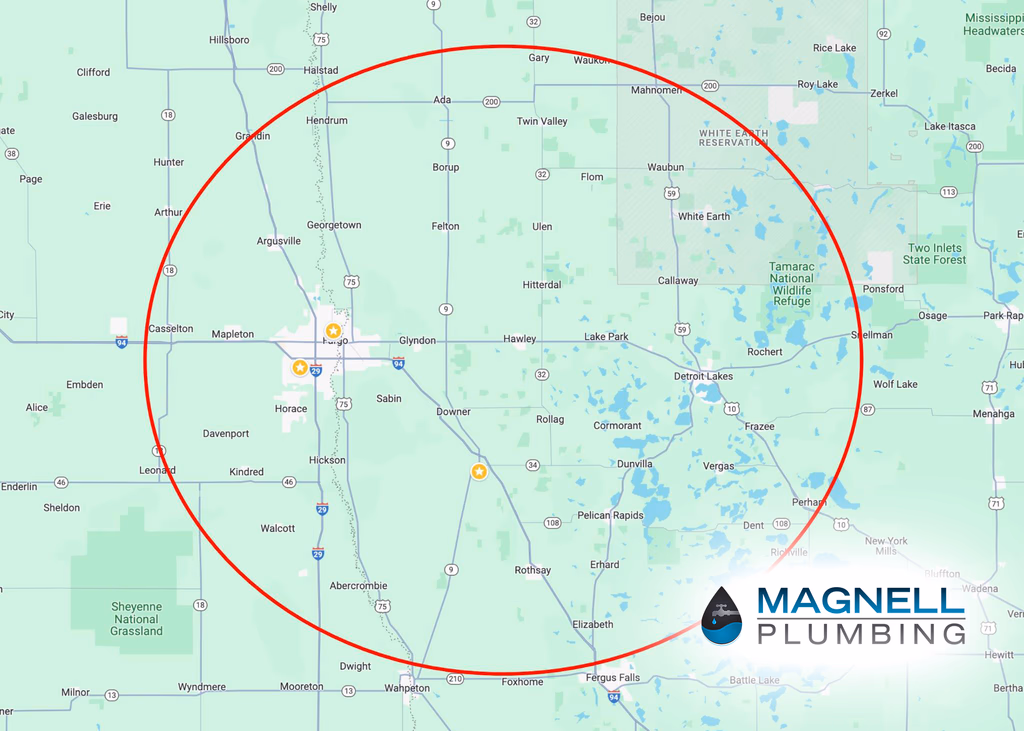 Magnell Plumbing service area map, Fargo-Moorhead region